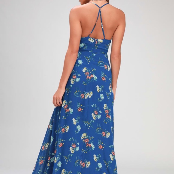 ROYAL BLUE FLORAL PRINT SURPLICE MAXI DRESS. SizeS - Picture 2 of 4